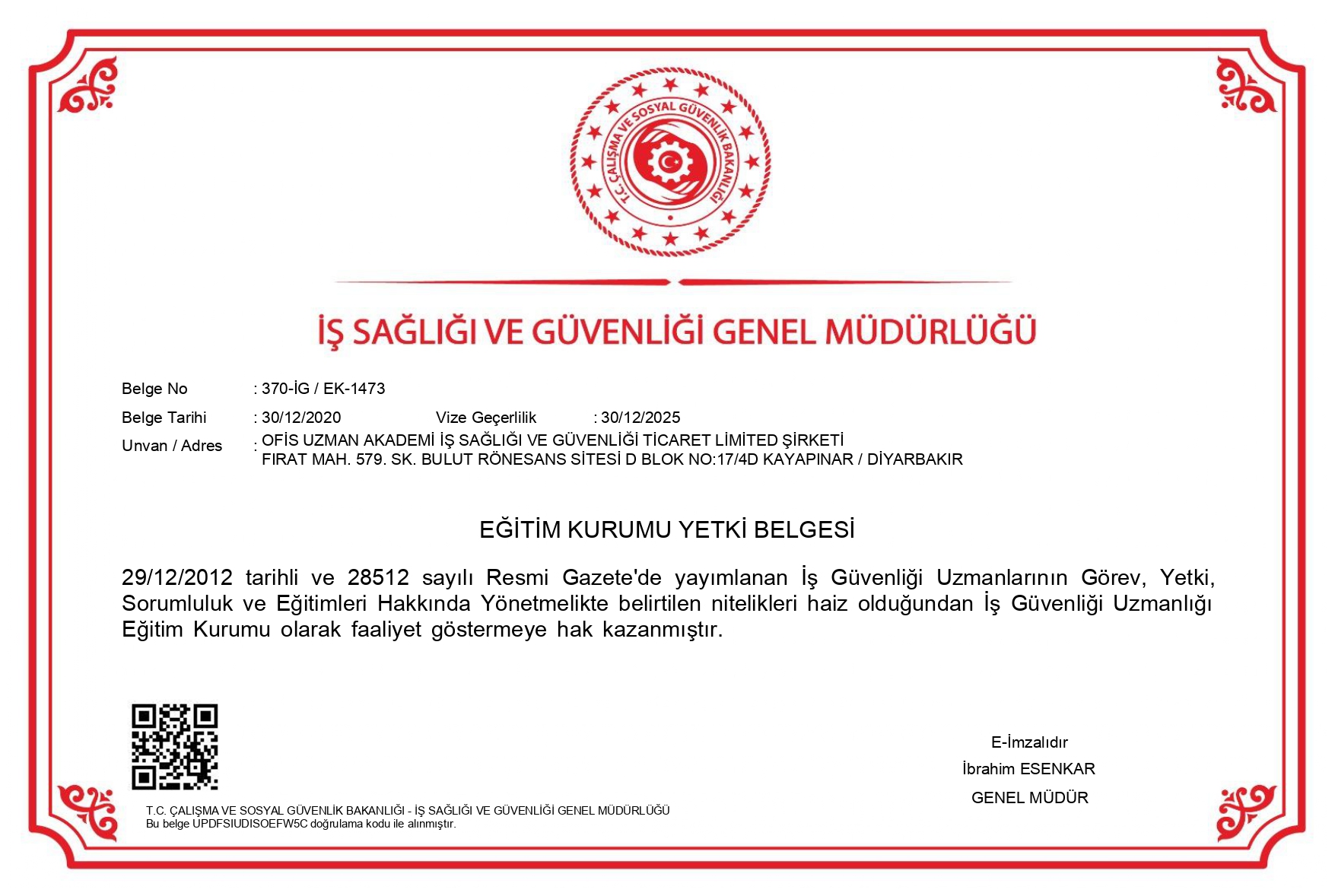 Diyarbakir Merkez ISG Kursu Yetki Belgesi