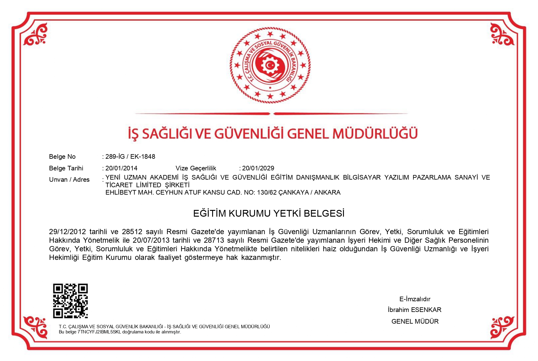 Ankara Merkez ISG Kursu Yetki Belgesi