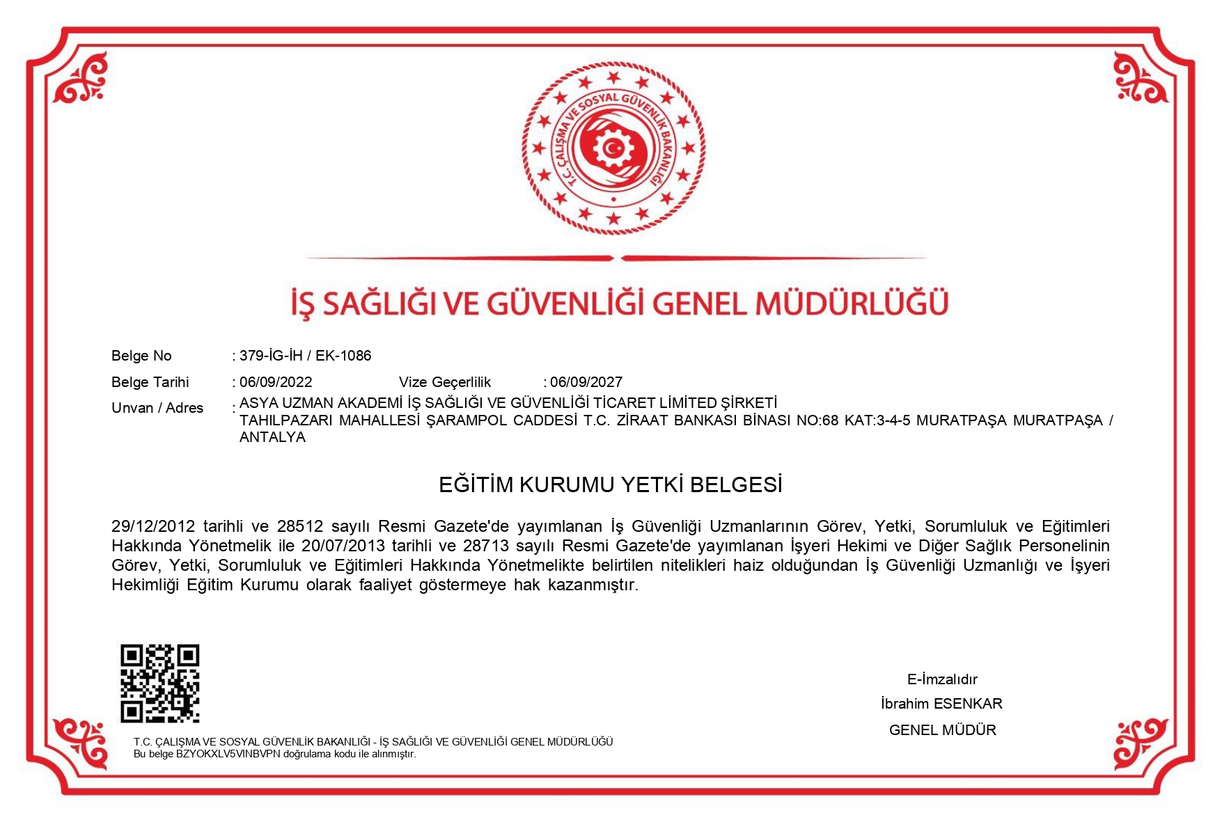 Antalya Merkez ISG Kursu Yetki Belgesi